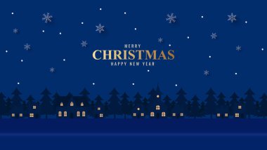 Şehir köyü ve gece vakti kar yağışlı Noel ağacıyla ürün tanıtımı için boş masa üstü ya da raf. Noel arkaplanı