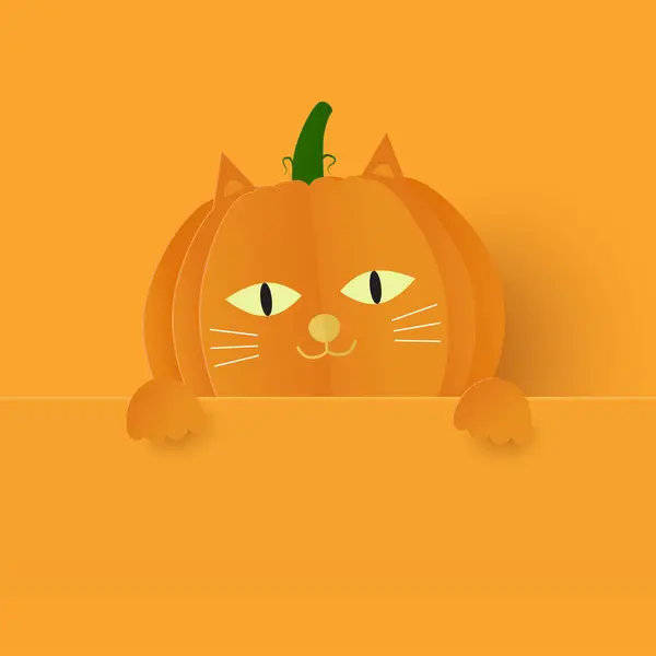 Cadılar Bayramı bayrağınız kutlu olsun. Turuncu kedi vektör çizimi. Kağıt kesiği kedi suratlı balkabağı. Mesaj bırakmak için işaretli. Cadılar Bayramı arkaplanı