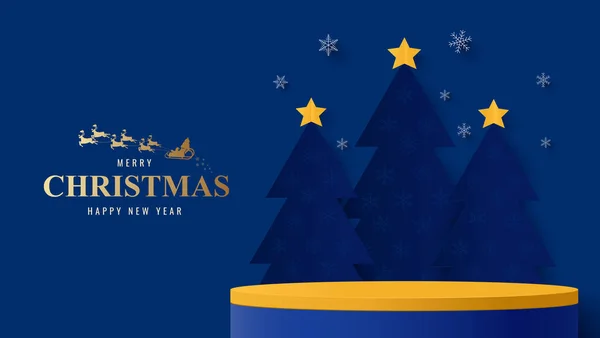 Yuvarlak daireli ürün sunumu için podyum. Podyum platformu gece vakti Noel Baba 'nın gökyüzünde Noel ağacı ile ürününü göstermek için. Noel arkaplanı
