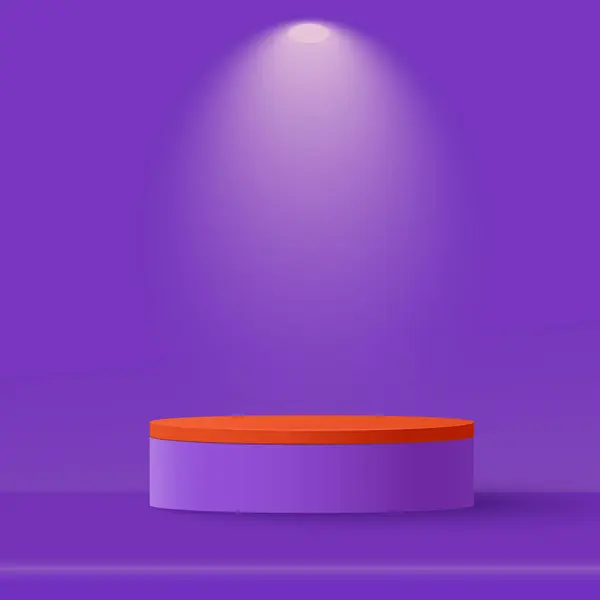 紫色の背景に軽い印およびスポットライトが付いているプロダクトを示すポリウム プラットホーム ベクトルイラスト — ストックベクタ