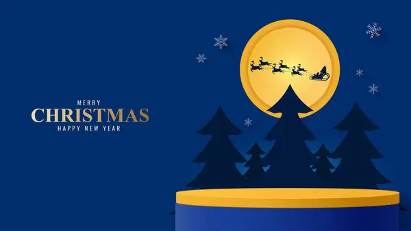 円形状の製品ディスプレイプレゼンテーション用ポリウム 夜のクリスマスツリーで空にサンタクロースと製品を表示するポディウムプラットフォーム クリスマスの背景 — ストックベクタ
