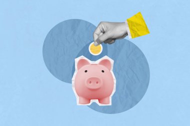 Yaratıcı sanat kolajı yatırım ve gelecekteki hedefte başarı tasarrufu. Domuzcuk kumbarası ve kumbaranın içine para sokan adam.