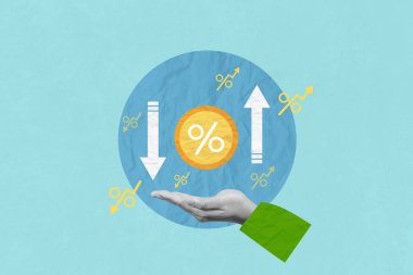 El sanatları kolajı faiz oranı, sıralama, finansal hisse senetleri ve GSYİH 'daki yüzde değişimi için işaret ve ok yukarı ve aşağı işaretlerini gösteriyor. Finansal, hisse senedi, faiz oranı ve yüzde GSYİH değişimi