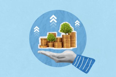 Elle tutulur yaratıcı sanat kolajı para yığını işletmeleri planlamak için büyüyen iş. Yatırım, finans, tasarruf ve iş stratejisi kavramı