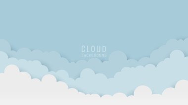 Bulutlu bir arka plan. Mavi gökyüzü bulutlu ve metin için boş alan. Kağıt kesiği ve zanaat stili çizimi