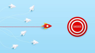 Kırmızı kağıt yarış roketi beyaz kağıt roketi başarıya ulaşmak için hedefe gidiyor. Lider, liderlik, iş, rekabet, vizyon, başla. Vektör illüstrasyonları