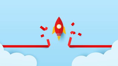 Duvardan geçip hedefe giden düz kağıt roket. Uçaktan hedefe. iş stratejisi