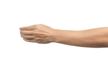 Beyaz arka planda izole edilmiş şişe gibi bir şey tutan bir adam el şovu. Yan görünüş. Kırpma yolu dahil