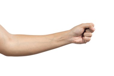 Beyaz arka planda izole edilmiş yumruk hareketli bir adam. Kırpma yolu dahil. yan görünüm