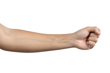 Beyaz arka planda izole edilmiş yumruk hareketli bir adam. Kırpma yolu dahil. yan görünüm