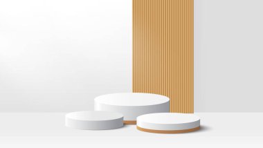Beyaz arka planda ürün göstermek için bej podyum platformu. Ürün sunumu için beyaz minimal sahne. Vektör illüstrasyonu
