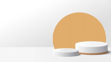 Beyaz arka planda ürün göstermek için bej podyum platformu. Ürün sunumu için beyaz minimal sahne. Vektör illüstrasyonu