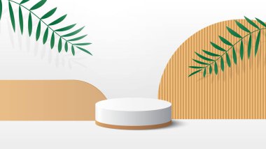 Beyaz arka planda yeşil yapraklı ürünleri göstermek için bej podyum platformu. Ürün sunumu için beyaz minimal sahne. Vektör illüstrasyonu