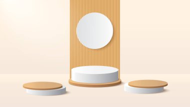 Çember arkaplan ürünü göstermek için bej podyum. Ürün sunumu için bej minimal sahne. Vektör illüstrasyonu