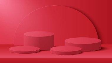 Kürsü Noel 'i. Kırmızı podyum yuvarlak şekilli ürün gösterimi için. Ürünü kırmızı arkaplanda göstermek için podyum platformu. Mutlu Noeller.
