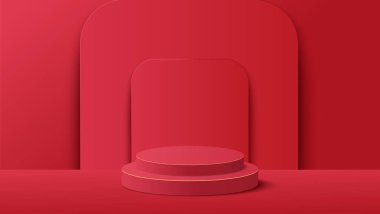 Kırmızı podyum yuvarlak şekilli ürün gösterimi için. Kırmızı arkaplanda ürünü göstermek için podyum platformu