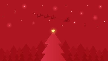 Mutlu Noeller. Yılbaşı ağacı ve Noel Baba 'nın silueti. Yeni yıl için gökyüzünde kızak ve ren geyikleri var.