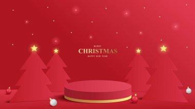 Kürsü Noel 'i. Kırmızı Podyum, yılbaşı ağacı ile ürün tanıtımı için. Ürünü kırmızı arkaplanda göstermek için podyum platformu. Mutlu Noeller.