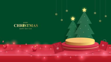Kürsü Noel 'i. Kırmızı Podyum, yılbaşı ağacı ile ürün tanıtımı için. Ürünü kırmızı arkaplanda göstermek için podyum platformu. Mutlu Noeller.