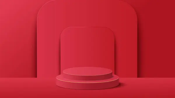Kırmızı podyum yuvarlak şekilli ürün gösterimi için. Kırmızı arkaplanda ürünü göstermek için podyum platformu