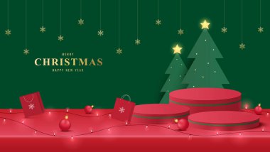 Kürsü Noel 'i. Kırmızı Podyum, yılbaşı ağacı ile ürün tanıtımı için. Ürünü kırmızı arkaplanda göstermek için podyum platformu. Mutlu Noeller.
