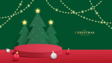 Kürsü Noel 'i. Kırmızı Podyum, yılbaşı ağacı ile ürün tanıtımı için. Ürünü kırmızı arkaplanda göstermek için podyum platformu. Mutlu Noeller.