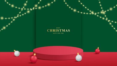 Kürsü Noel 'i. Kırmızı podyum yuvarlak şekilli ürün gösterimi için. Yeşil arka planda ürün göstermek için podyum platformu. Mutlu Noeller.