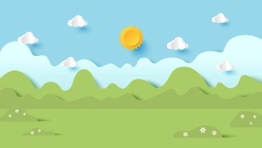 Dağ ve bulut arkaplanlı park manzarasının vektör çizimi. Kağıt kesiği ve zanaat stili çizimi