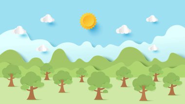 Dağ ve bulutlu arka planda yeşil çimen tarlası olan parkın manzarası. Güzel yeşil park. Kağıt kesiği ve zanaat stili çizimi