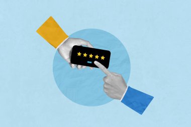 Hizmet derecesi, olumlu geri bildirim, tatmin konsepti. Akıllı telefonlardan oluşan yaratıcı sanat kolajı hizmet kullanıcılarının memnuniyet seviyesini gösteren beş yıldızlı bir not seçin