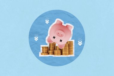 Crisis, recession, finance, loss concept. Creative art collage of piggy bank upside down with coins stack Indicate the financial crisis clipart