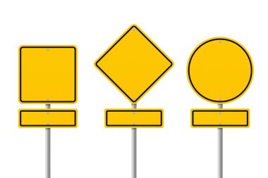Beyaz arka planda izole edilmiş farklı şekillerdeki sarı trafik işaretleri. Kırpma yolu ile nesne