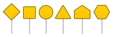 Beyaz arka planda izole edilmiş farklı şekillerdeki sarı trafik işaretleri. illüstrasyon vektörü