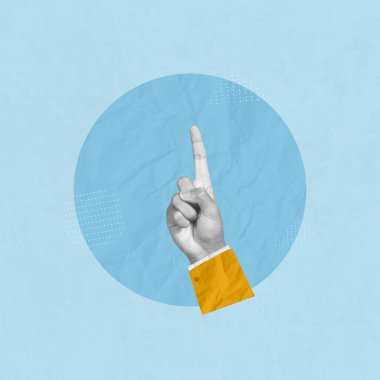 Fikir, bir numara, dikkat çek. İşaret parmağıyla işaret eden bir adamın yaratıcı sanat kolajı