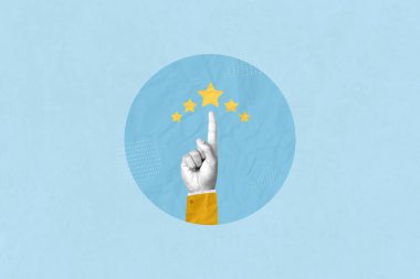 Hizmet derecesi, bir numara, olumlu geri bildirim, tatmin. Yıldız simgesini işaret eden bir adamın yaratıcı sanat kolajı hizmet kullanıcılarının memnuniyet seviyesini gösteren beş yıldız puanı verir