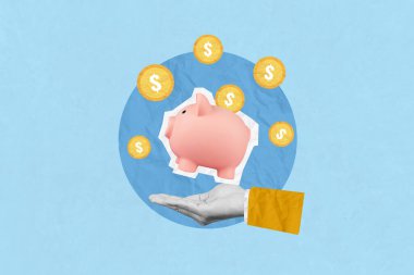 Yaratıcı sanat kolajı yatırım ve gelecekteki hedefte başarı tasarrufu. Kumbaraya para atıp el ele tutuşuyorlar.