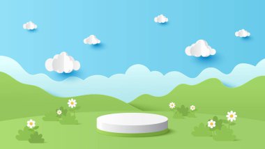 Ürün sunumu için podyum silindiri. Güneşli bir günde çevrimiçi dükkan için dağ ve bulutlu park manzarası indirimli promosyon