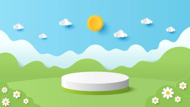 Ürün sunumu için podyum silindiri. Güneşli bir günde çevrimiçi dükkan için dağ ve bulutlu park manzarası indirimli promosyon