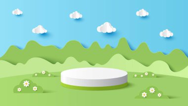 Ürün sunumu için podyum silindiri. Güneşli bir günde çevrimiçi dükkan için dağ ve bulutlu park manzarası indirimli promosyon