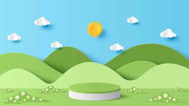 Ürün sunumu için podyum silindiri. Güneşli bir günde çevrimiçi dükkan için dağ ve bulutlu park manzarası indirimli promosyon