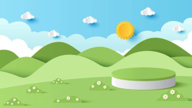 Ürün sunumu için podyum silindiri. Güneşli bir günde çevrimiçi dükkan için dağ ve bulutlu park manzarası indirimli promosyon