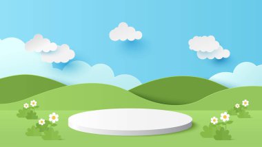 Ürün sunumu için podyum silindiri. Güneşli bir günde çevrimiçi dükkan için dağ ve bulutlu park manzarası indirimli promosyon