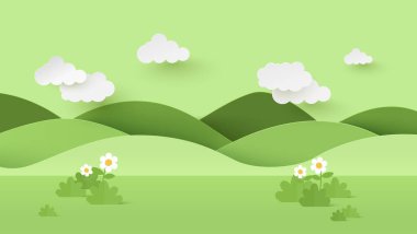 Yeşil doğa dağları manzarasındaki park manzarasının vektör çizimi. Kağıt kesiği ve zanaat stili çizimi