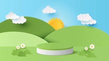 Ürün sunumu için podyum silindiri. Güneşli bir günde çevrimiçi dükkan için dağ ve bulutlu park manzarası indirimli promosyon