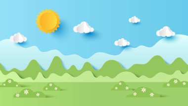 Güneşli bir günde dağ ve gökyüzü bulutlu park manzarasının vektör çizimi. Kağıt kesiği ve zanaat stili çizimi