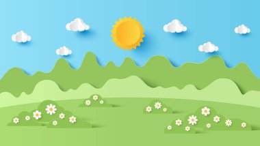 Güneşli bir günde dağ ve gökyüzü bulutlu park manzarasının vektör çizimi. Kağıt kesiği ve zanaat stili çizimi