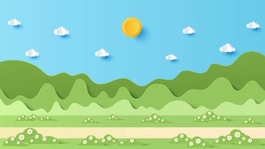 Güneşli bir günde dağ ve gökyüzü bulutlu park manzarasının vektör çizimi. Kağıt kesiği ve zanaat stili çizimi