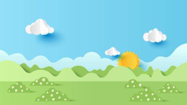 Güneşli bir günde dağ ve gökyüzü bulutlu park manzarasının vektör çizimi. Kağıt kesiği ve zanaat stili çizimi