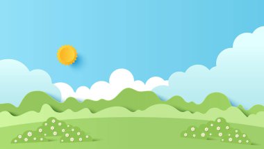 Güneşli bir günde dağ ve gökyüzü bulutlu park manzarasının vektör çizimi. Kağıt kesiği ve zanaat stili çizimi