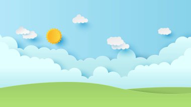 Güneşli bir günde dağ ve gökyüzü bulutlu park manzarasının vektör çizimi. Doğa manzarası. Kağıt kesiği ve zanaat stili çizimi